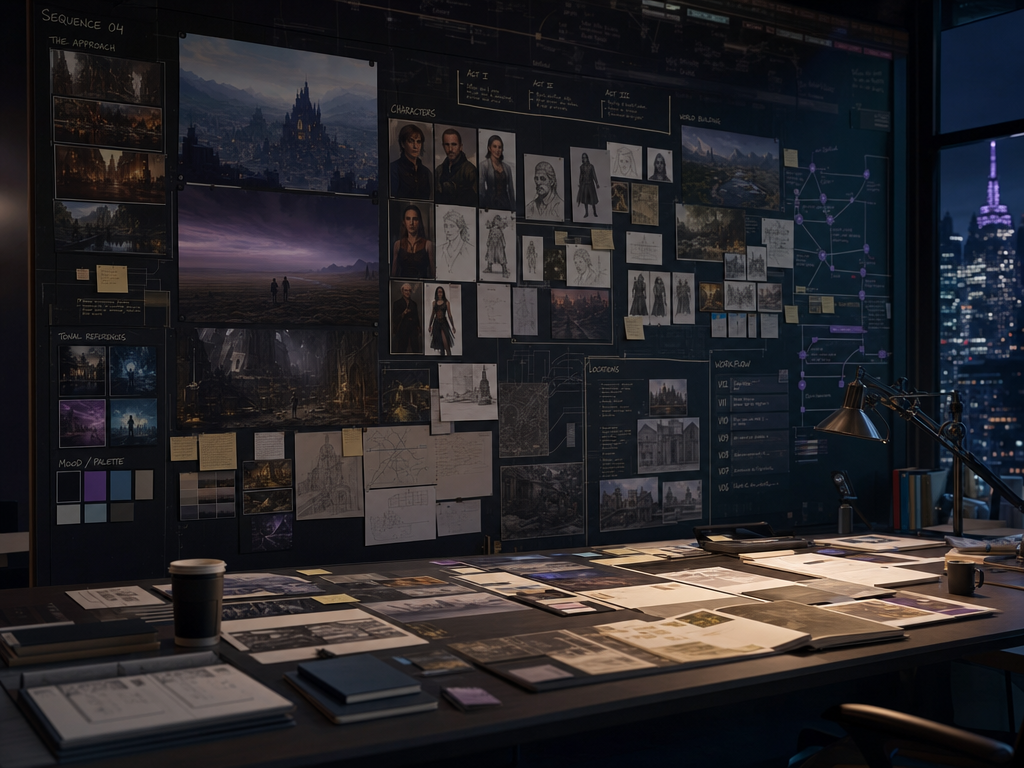 Film and TV development room with visual references and concept boards